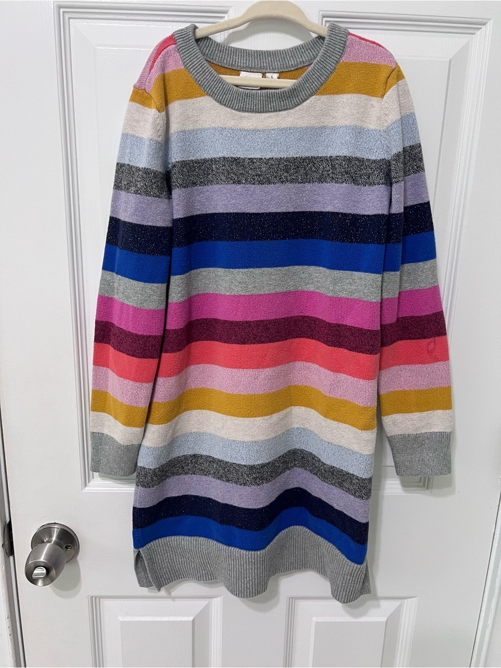 GAP Multicolor Striped Crewneck Sweater Dress - Gray, Pink, Blue, Gold